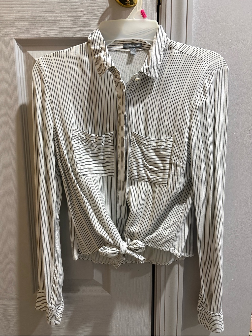 Charlotte Russe White Button-Down Tie Front Shirt with Black Pinstripes